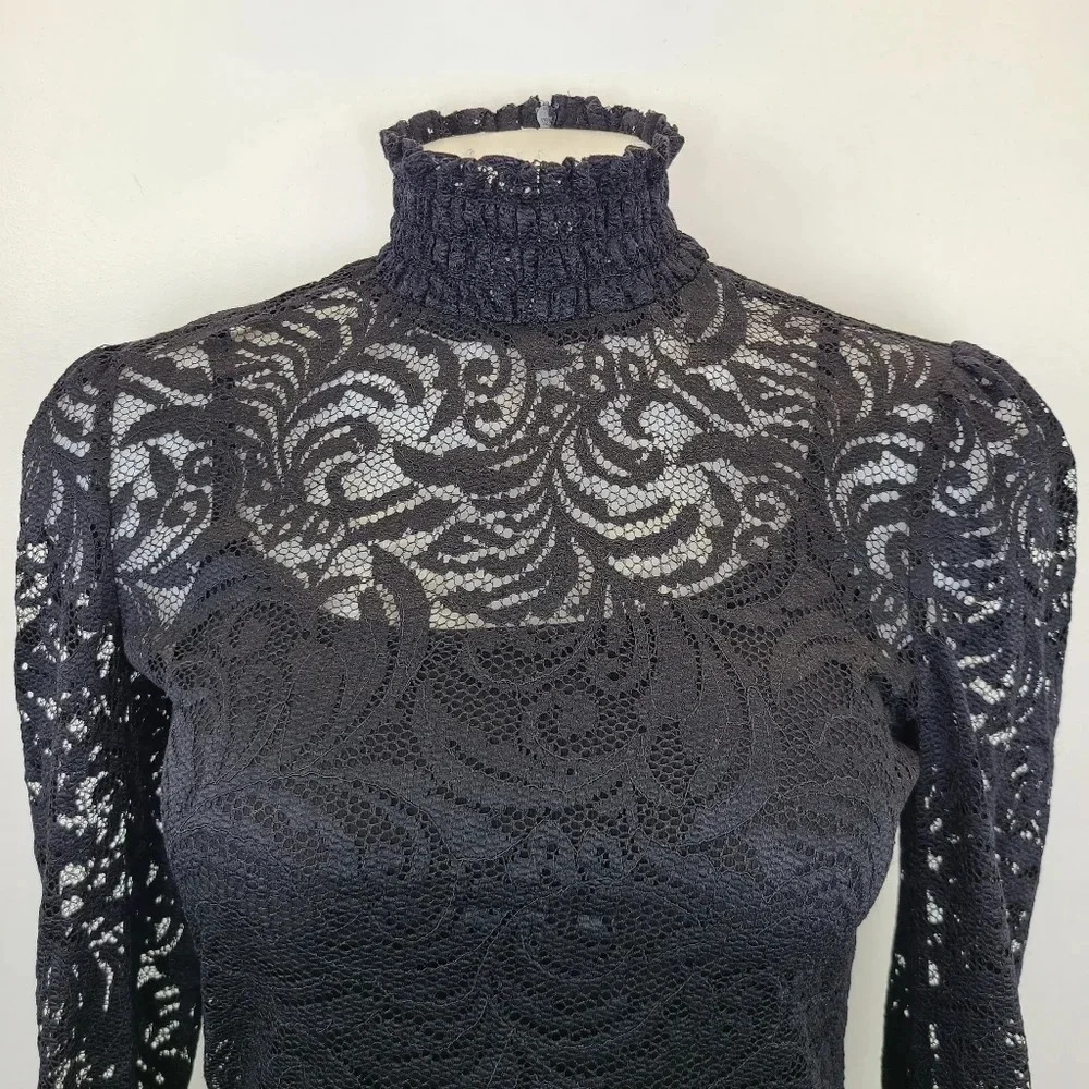 L'Agence Samara Black Sheer Lace Long Sleeve Bell Sleeve Turtleneck Top XS - Picture 4 of 16
